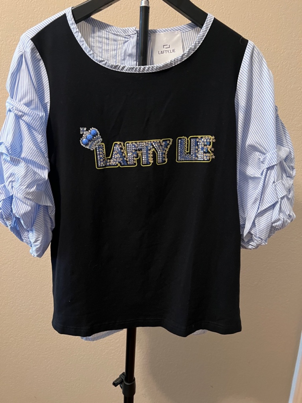 Girls' Black Top with Blue Striped Puff Sleeves